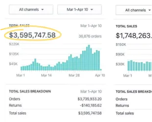 Shopify analytics: total sales $3,595,747 across 36,876 orders